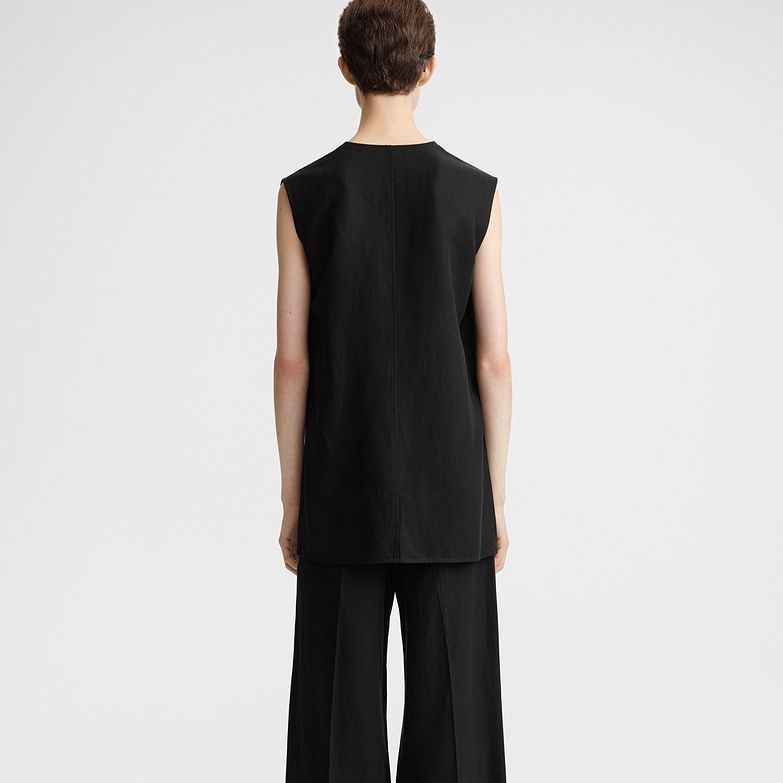 Shop (W) TOTEME SS24 Baju Tank Top Hitam Tanpa Lengan V-Neck Longgar Klasik. 242WRT1462FB0159001