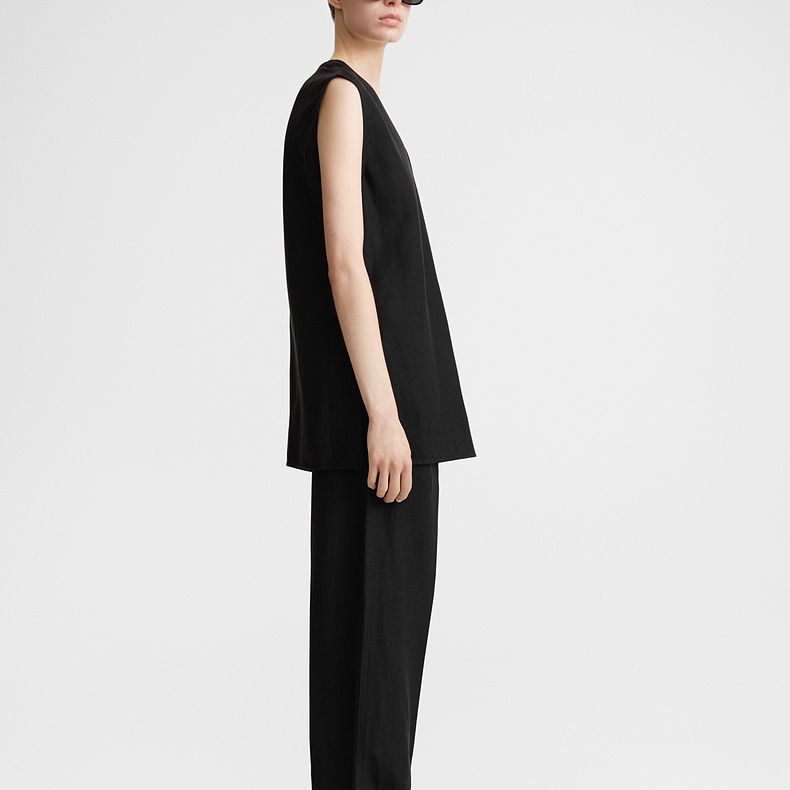 Purchase (W) TOTEME SS24 Baju Tank Top Hitam Tanpa Lengan V-Neck Longgar Klasik. 242WRT1462FB0159001