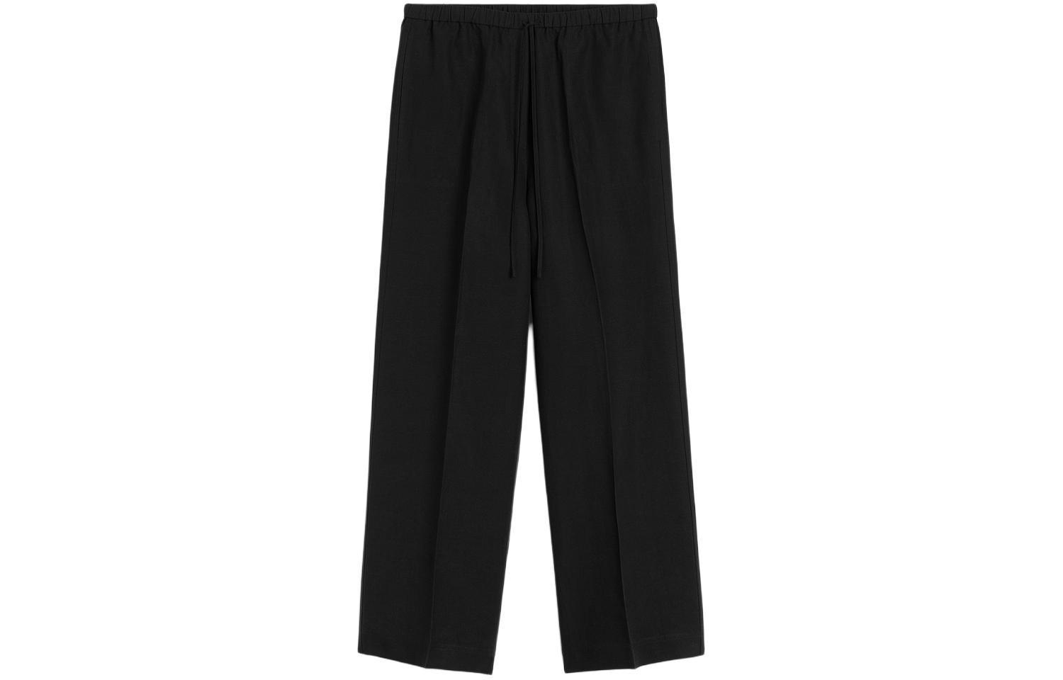 (Women) TOTEME SS24  High-Waist Drawstring Wide-Leg Linen Blend Pants Black. 242WRB1709FB0159001