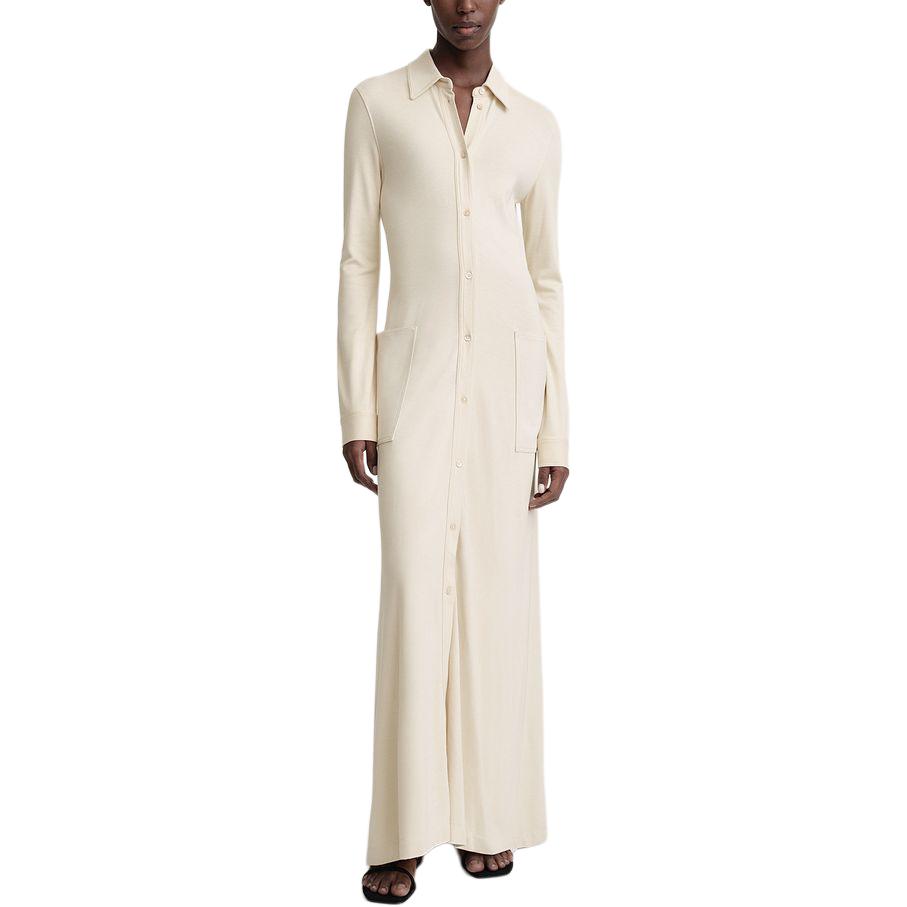 Lookbook (W) TOTEME SS24 Gaun Maxi Lengan Panjang Butang Warna Beige Lembut 242WRD1692FB0161116