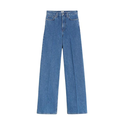 (Women) TOTEME SS24 Washed High-Waist Wide-Leg Jeans in Vibrant Blue. 242WRB2426FB0045167