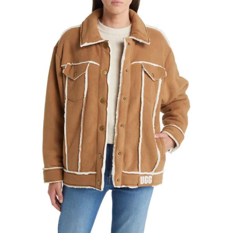 Lookbook (W) Abrigo marrón UGG de manga larga con solapa y diseño sencillo. 1144590