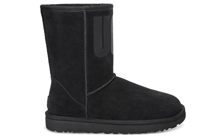 (W) UGG Classic Short UGG Rubber Logo Snow Boots Black 圖 2