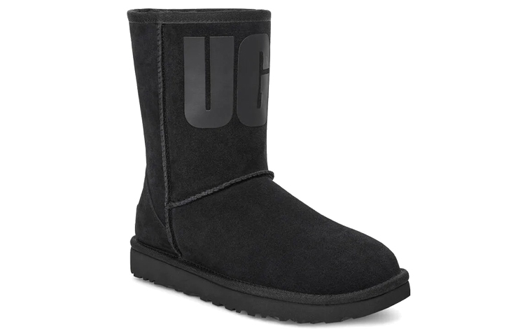 (W) UGG Classic Short UGG Rubber Logo Snow Boots Black 圖 3