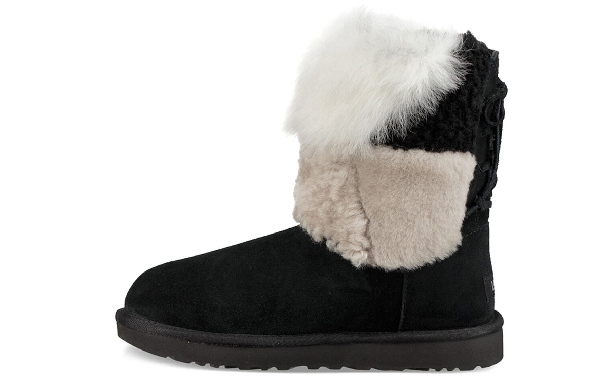 (Women) UGG Classic Short Patchwork Fluff Stay Warm Cozy Fleece Lined Black 1098071-BLK