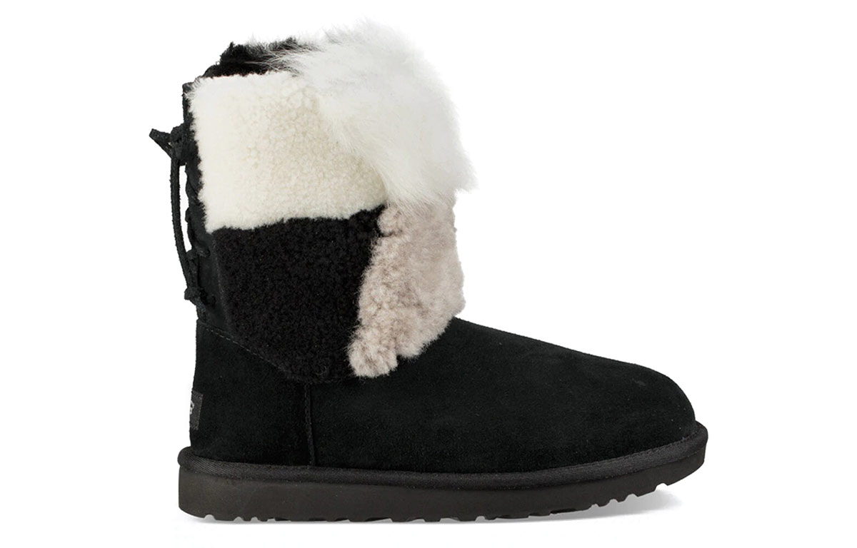 Order (W) UGG Klasik Pendek Patchwork Fluff Hangat Selimut Bulu Hitam. 1098071-BLK