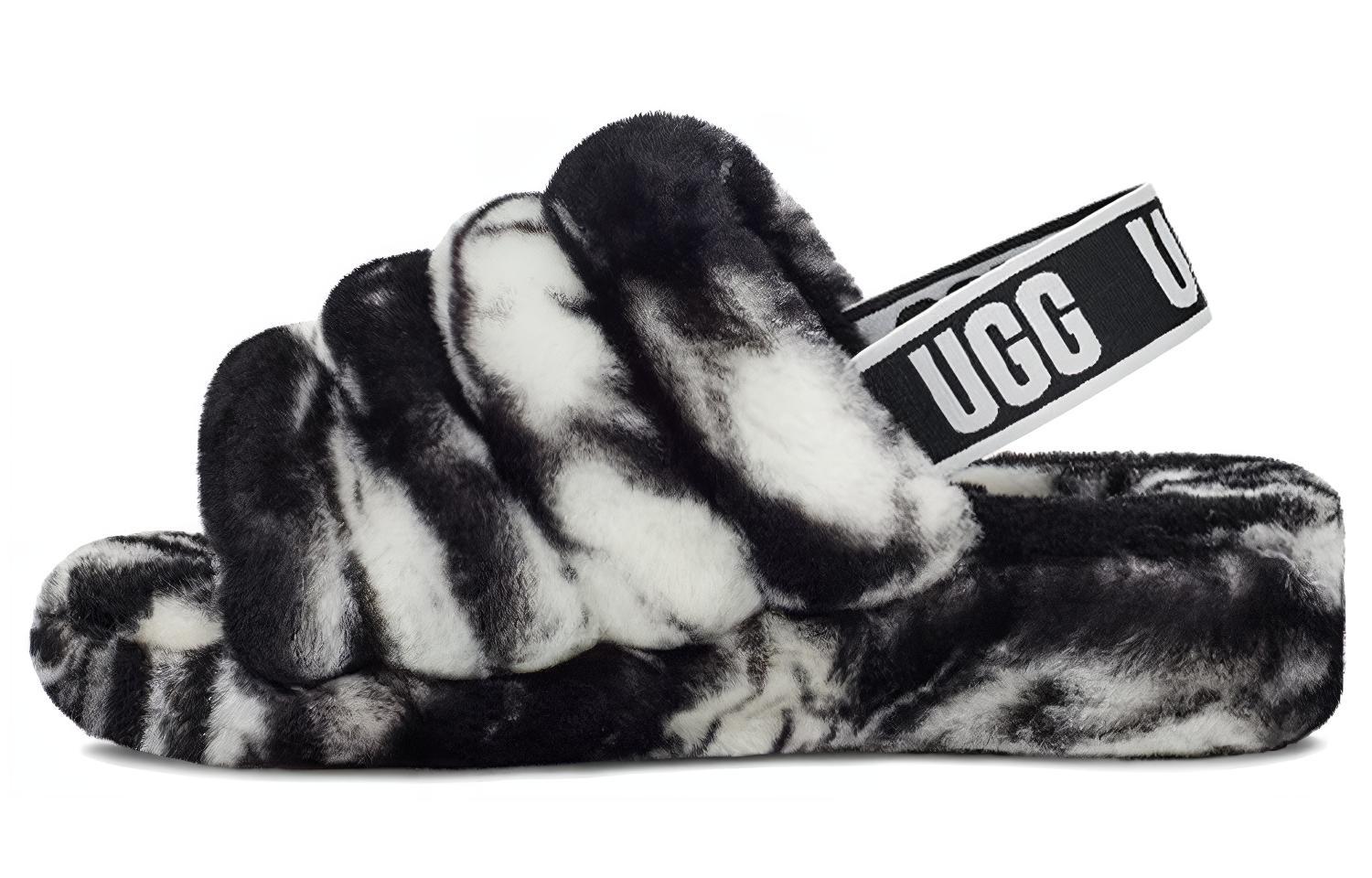 (W) UGG Fluff Yeah Slide Marble Black White