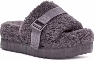 Lookbook UGG Fluffita 羊皮毛一體 金屬搭扣厚底 時尚涼拖 女款 深灰