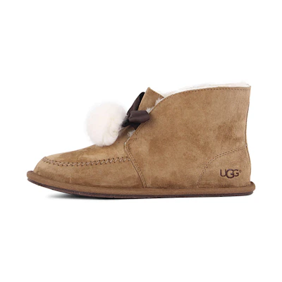 (W) UGG Kallen Suede Moc Toe Pom Pom Slipper 'Chestnut'