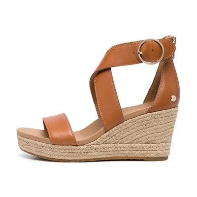 (W) UGG Leather Buckle Heeled Sandals 'Simplified CMFT Brown'
