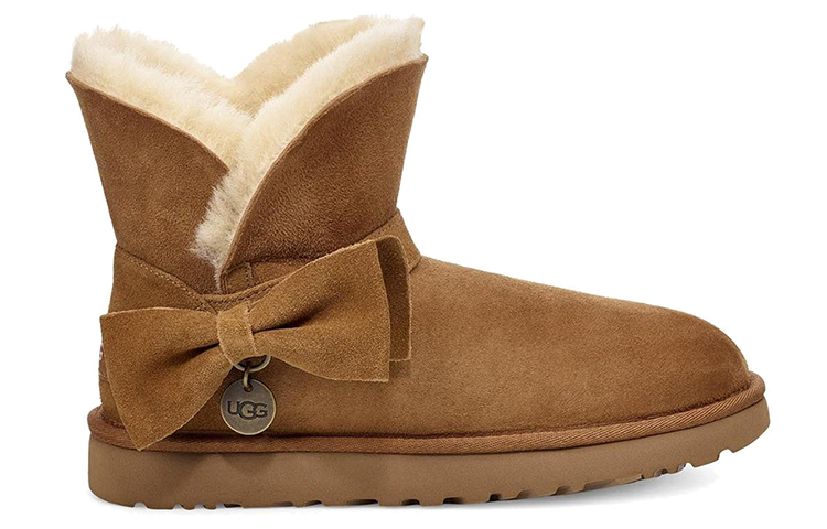(W) UGG Suede Mini Bow fur Fleece Lined Brown 圖 2