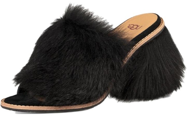 Women UGG W Rosa Fluff Heel Black Leather High Heel Slide 1095390 BLK