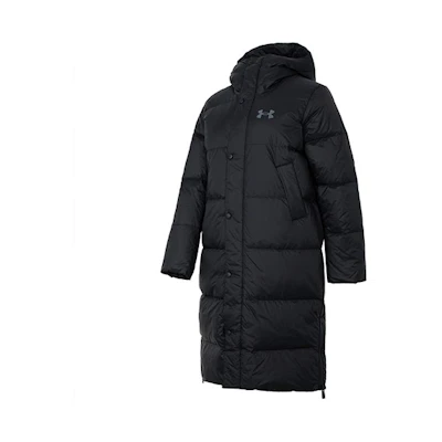 (Women) Under Armour Black Logo Long Down Coat Hoodie Casual Jacket. 1375454-001