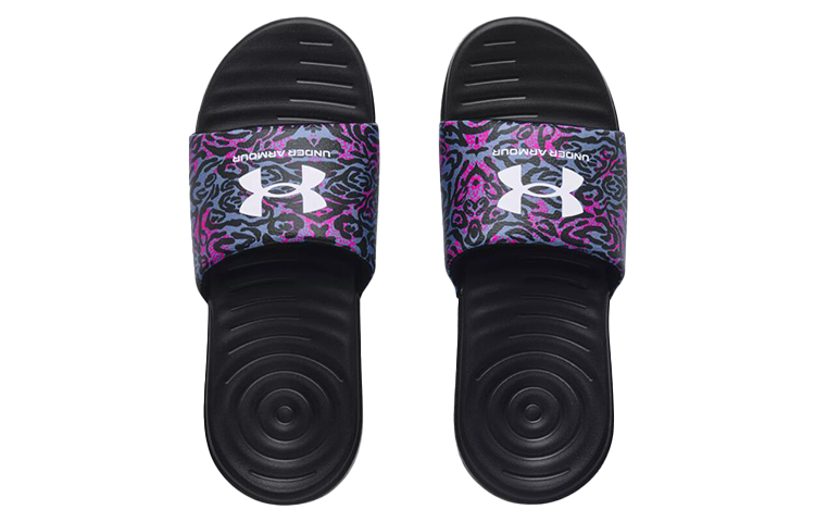 Lookbook (W) 언더아머 안사 그래픽 슬리퍼 블랙/퍼플 3024436-004