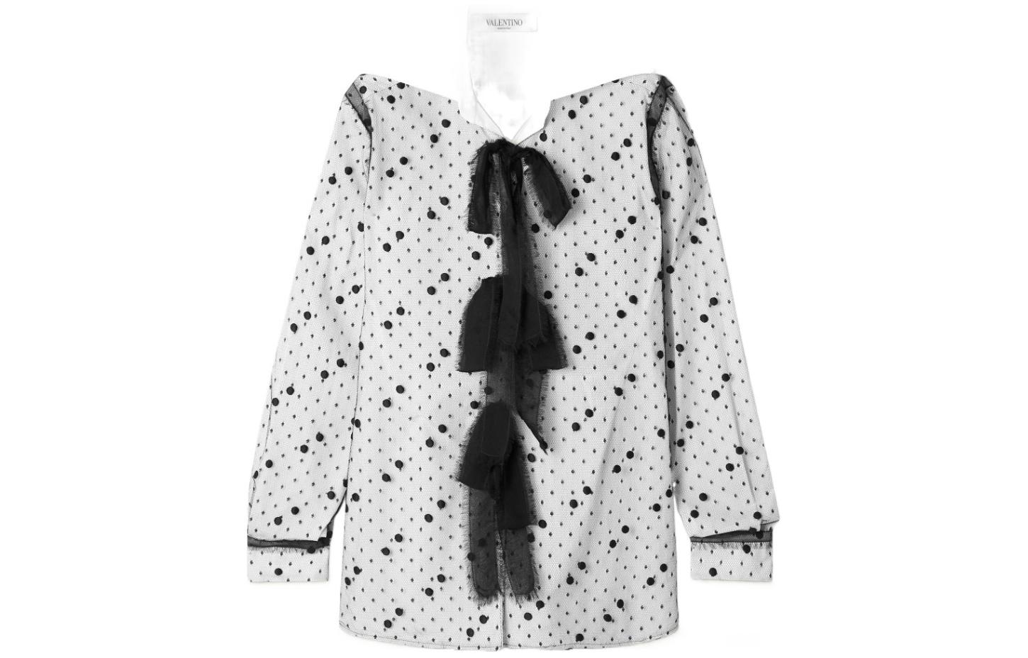 (Women) Valentino  Black Bow Tie Long Sleeve Loose Fit Printed Embroidered Shirt WB0AB2Z55A6A01