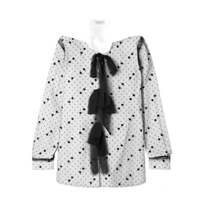 (Women) Valentino Black Bow Tie Long Sleeve Loose Fit Printed Embroidered Shirt WB0AB2Z55A6A01