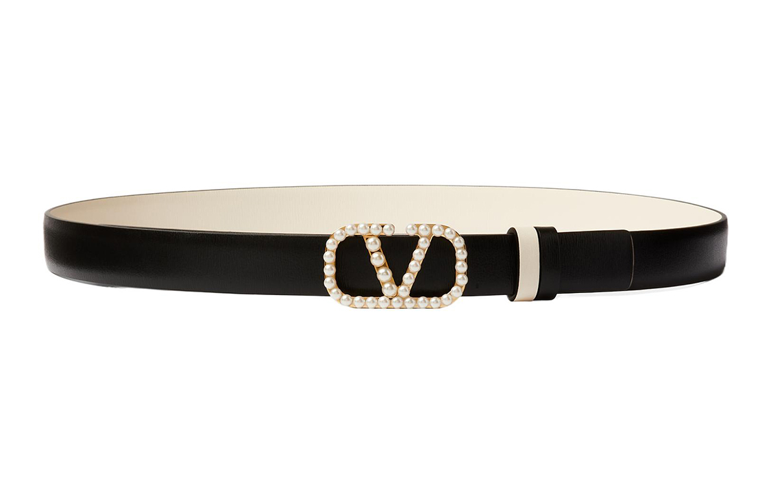 (Women) Valentino  Black Calfskin Belt with Logo Pearl Detail, 2CM Wide. WT0S12ZKHL60