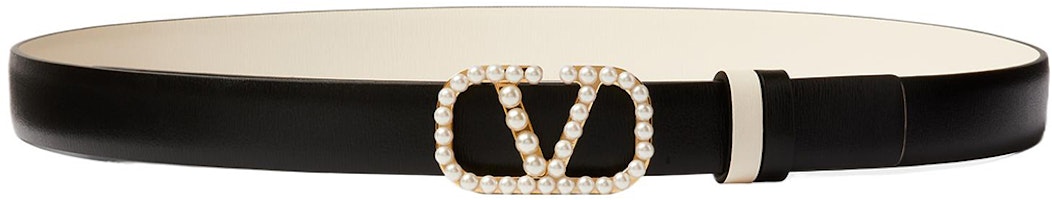 (Women) Valentino Black Calfskin Belt with Logo Pearl Detail, 2CM Wide. WT0S12ZKHL60 (Women) Valentino Black Calfskin Belt with Logo Pearl Detail, 2CM Wide. WT0S12ZKHL60