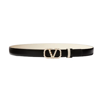 (Women) Valentino Black Calfskin Belt with Logo Pearl Detail, 2CM Wide. WT0S12ZKHL60