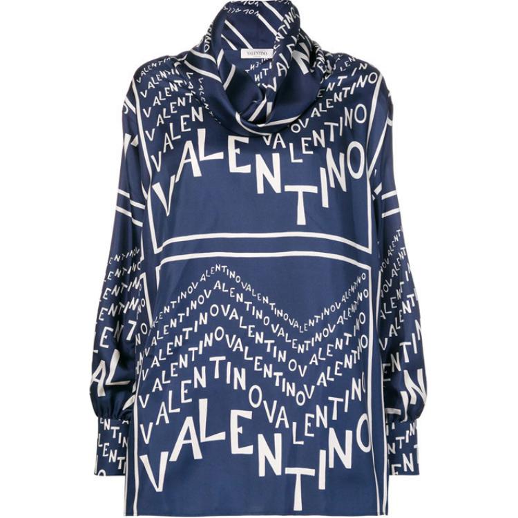 (Women) Valentino  SS22 Dark Blue Logo Print Scarf Collar Long Sleeve Shirt. RB3AE01J4ELABY