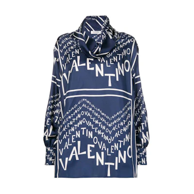 (Women) Valentino SS22 Dark Blue Logo Print Scarf Collar Long Sleeve Shirt. RB3AE01J4ELABY
