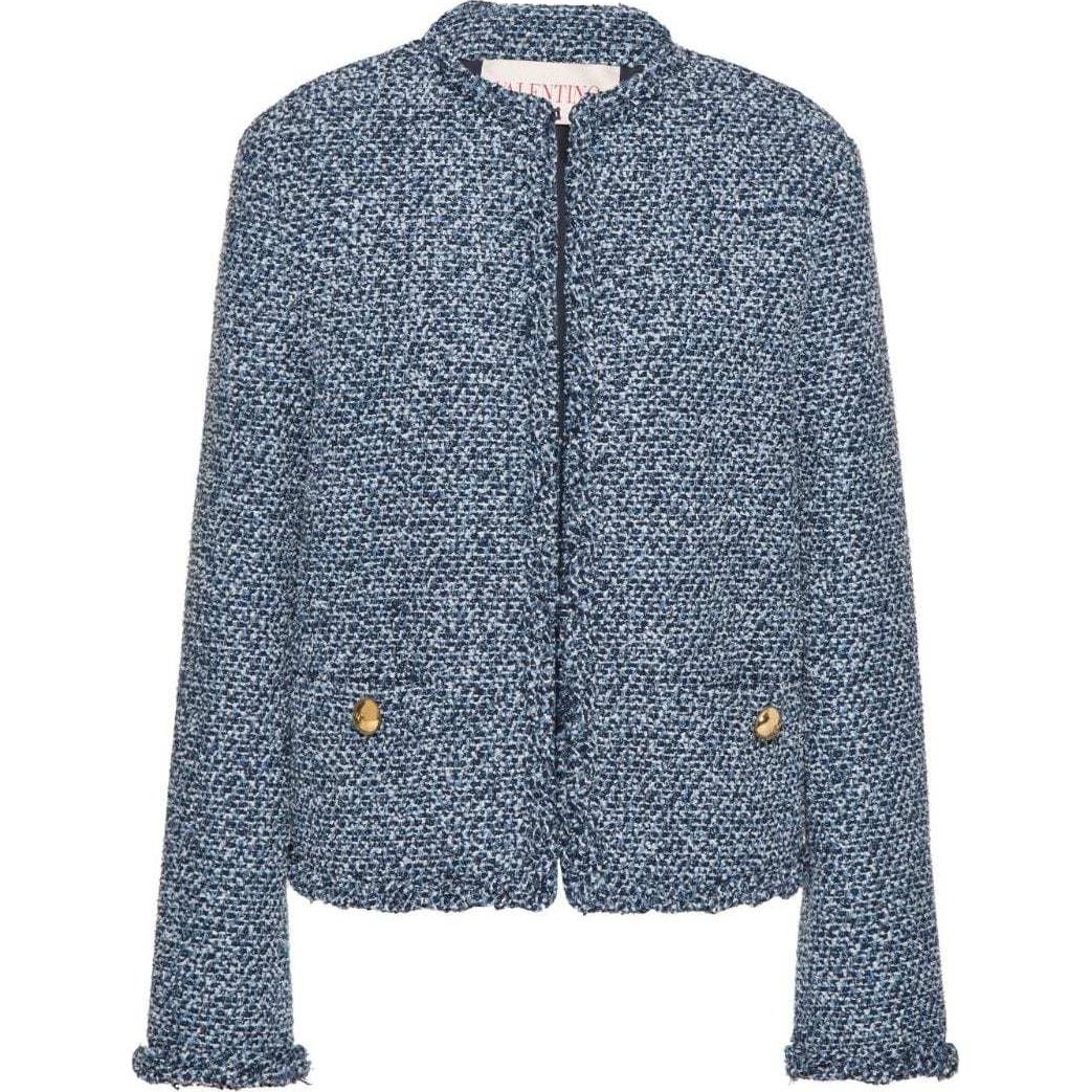 (Women) Valentino  SS24 Indigo Tweed Long Sleeve Jacket with Concealed Buttons BCE27R8SBZ7R