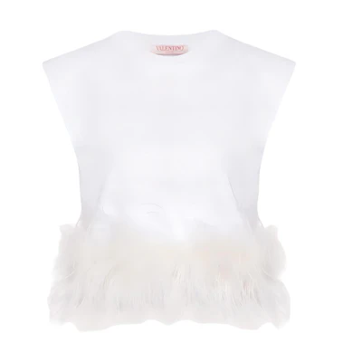(Women) Valentino White Feather Embroidered Sleeveless Crop T-Shirt FW24 5B3MC01Q8R30BO