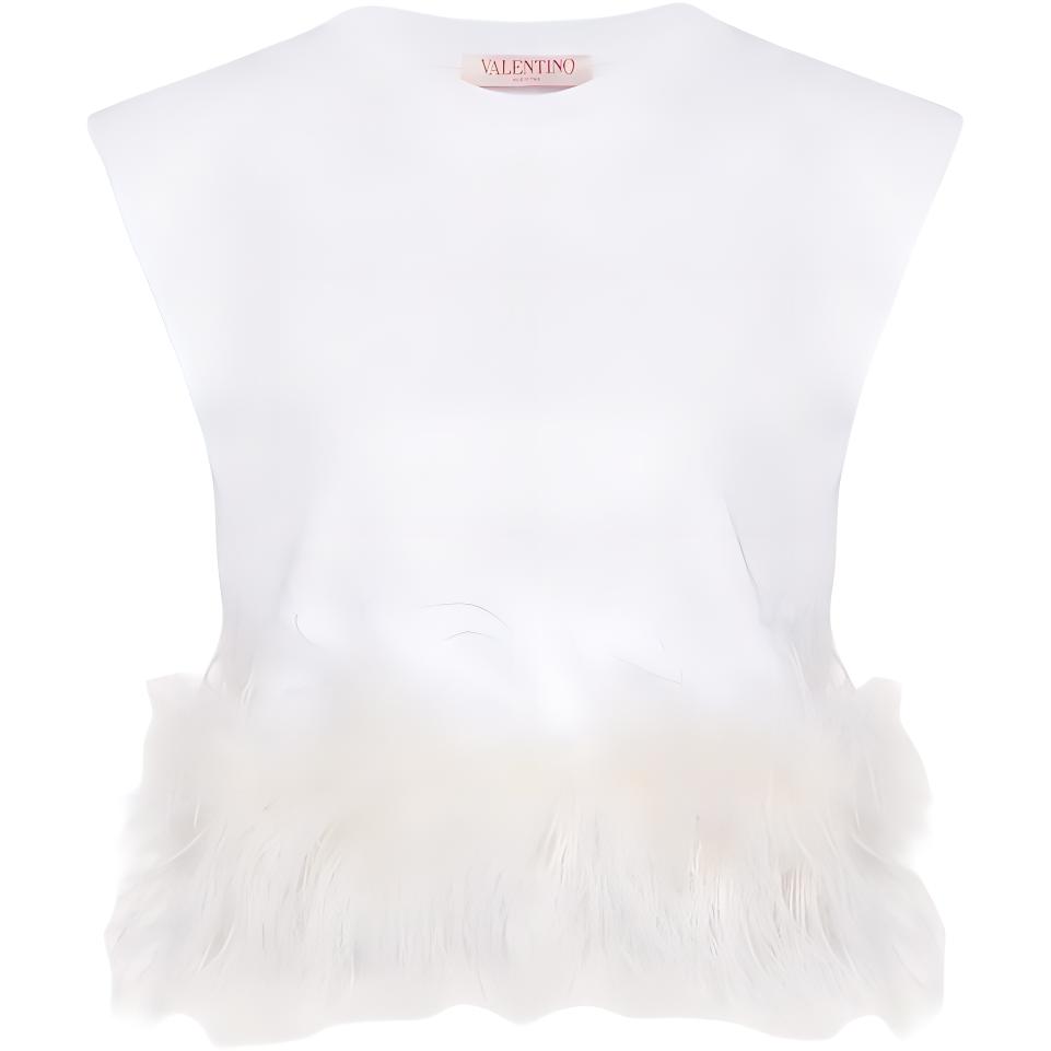 (Women) Valentino  White Feather Embroidered Sleeveless Crop T-Shirt FW24 5B3MC01Q8R30BO 圖 2