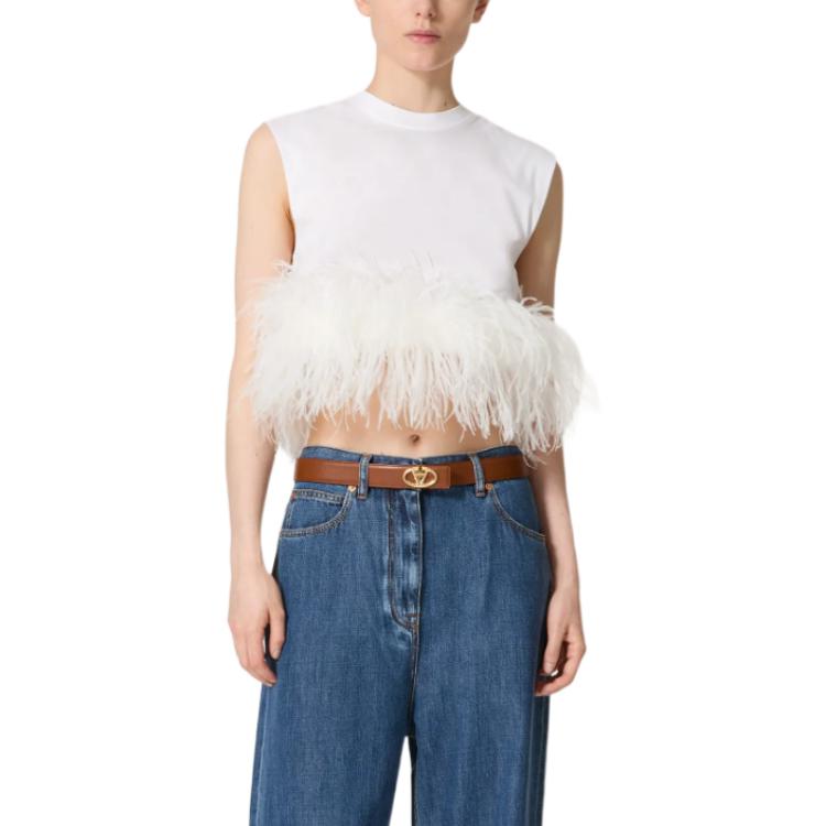 (Women) Valentino  White Feather Embroidered Sleeveless Crop T-Shirt FW24 5B3MC01Q8R30BO 圖 4
