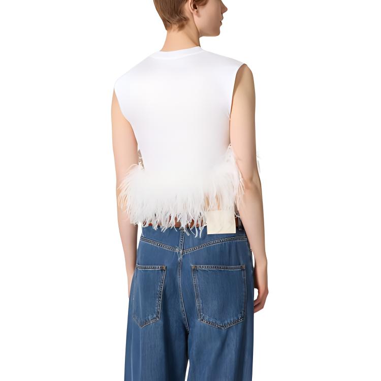 (Women) Valentino  White Feather Embroidered Sleeveless Crop T-Shirt FW24 5B3MC01Q8R30BO 圖 5