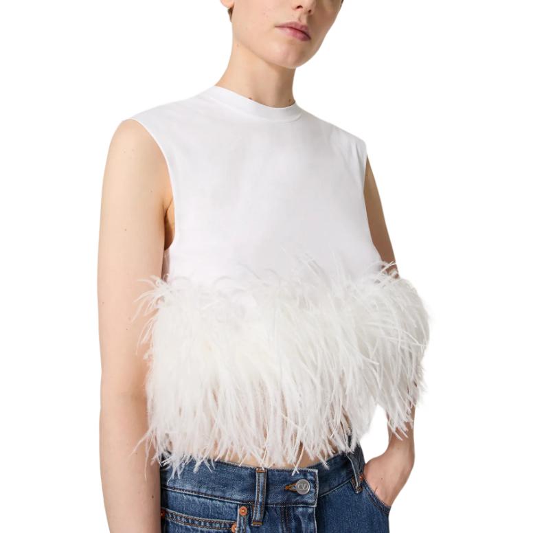 (Women) Valentino  White Feather Embroidered Sleeveless Crop T-Shirt FW24 5B3MC01Q8R30BO 圖 6