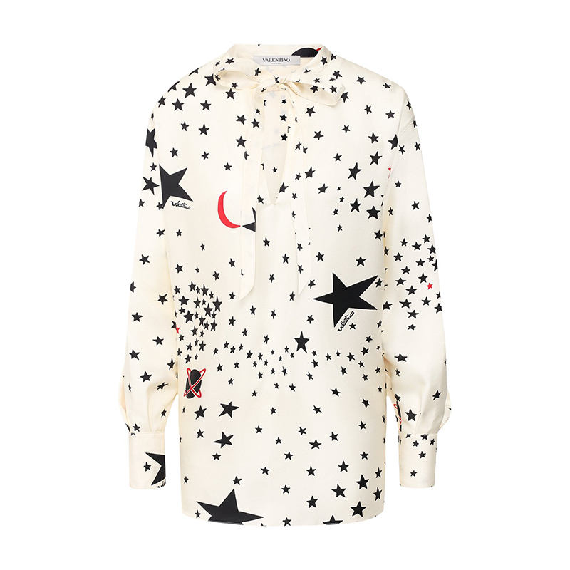 (Women) Valentino  White Long Sleeve Shirt with Star Print and Bow Tie. TB3AE4E554YAM0