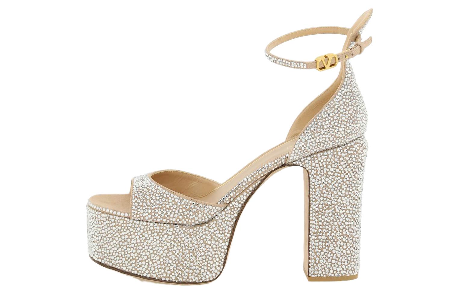 (W) Valentino Calfskin Buckle Block Heel Sandal 'Silver'