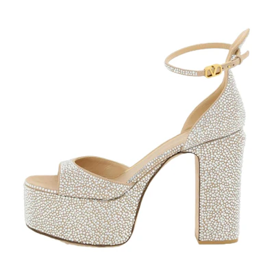 (W) Valentino Calfskin Buckle Block Heel Sandal 'Silver'