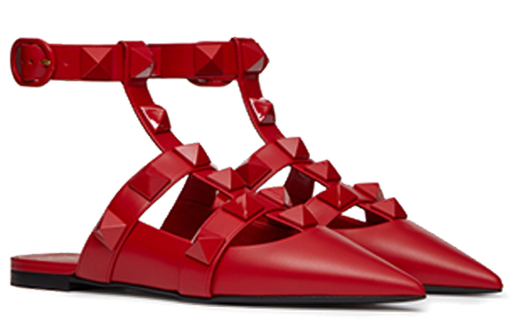 Lookbook (W) Valentino Sepatu Balet Stud Kulit Anak Sapi 'Merah' WW2S0BY5GWIJU5