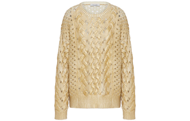 (Women) Valentino FW21 Gold Wool Pullover Crewneck Sweater. WB0KC27N6SPL01