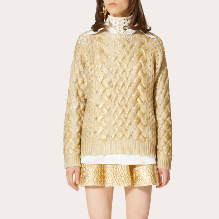 Shop (W) Valentino FW21 Baju Sejuk Crewneck Wool Emas. WB0KC27N6SPL01