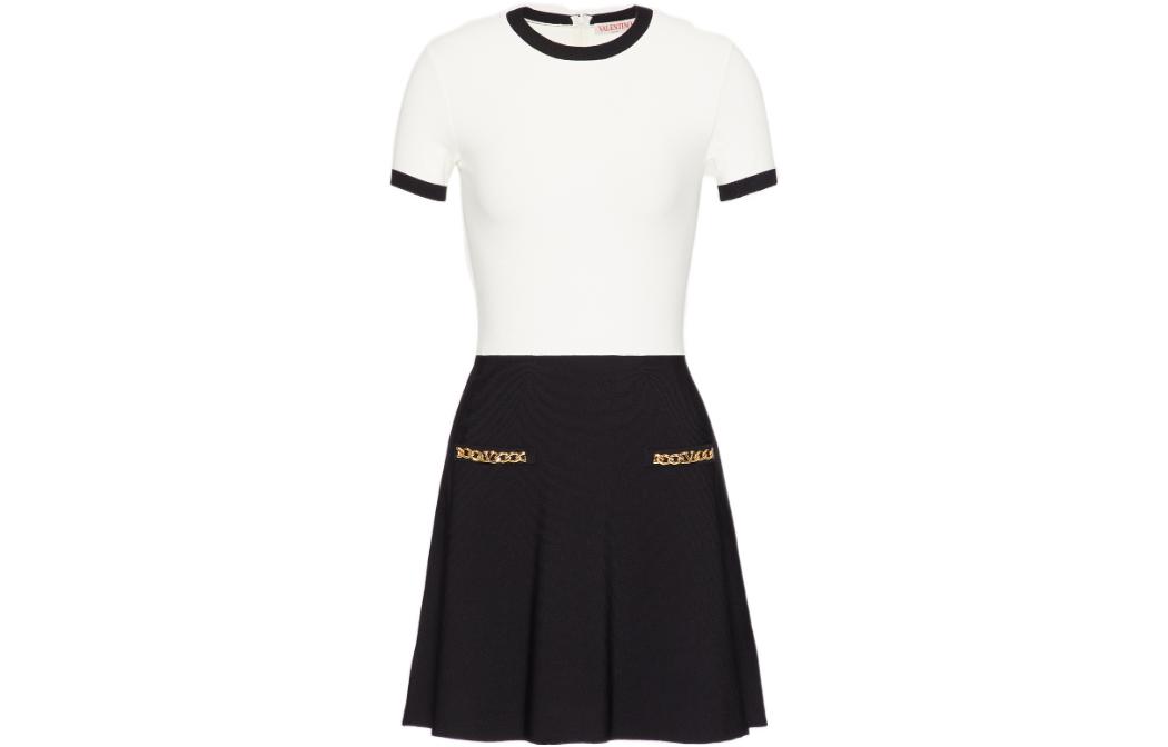 (Women) Valentino FW22  Black & White Two-Tone Short-Sleeve Layered Dress. 2B3KD09R7RM0AN