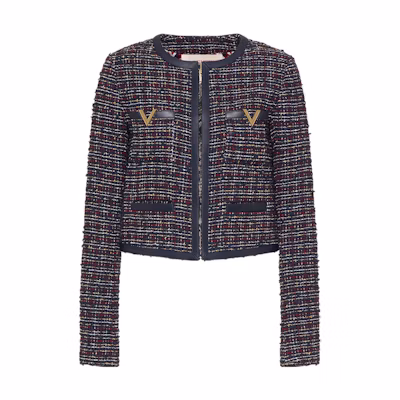 (Women) Valentino FW22 Navy Blue Colorblock Tweed Zip Pocket Jacket 1B3CE2U07AHET6