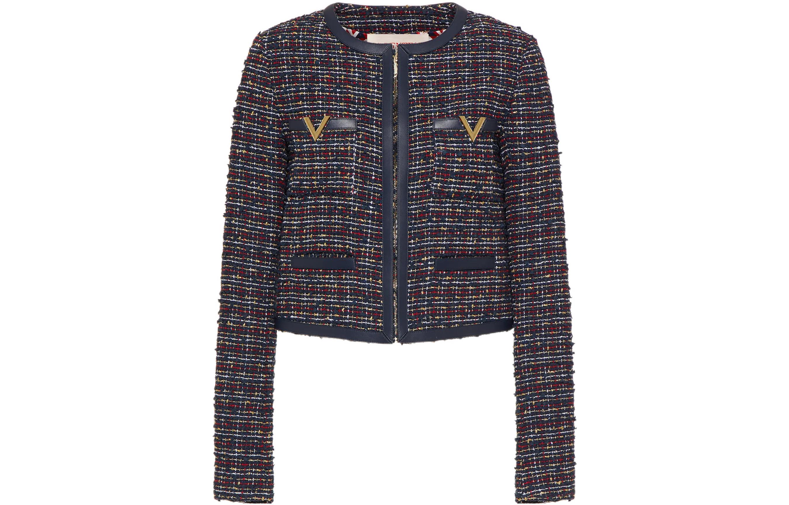 Order (W) Valentino FW22 Jaket Tweed Navy Blue Colorblock dengan Poket Zip 1B3CE2U07AHET6