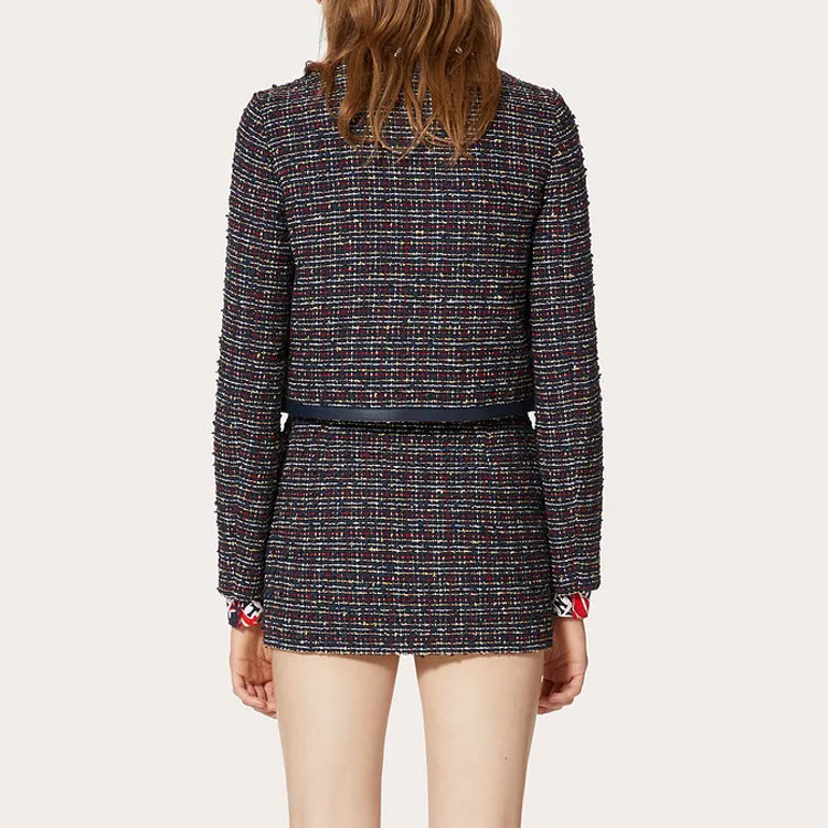 Shop (W) Valentino FW22 Jaket Tweed Navy Blue Colorblock dengan Poket Zip 1B3CE2U07AHET6