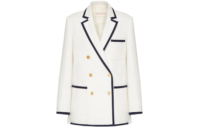 (Women) Valentino FW23  White Striped Trim Double-Breasted Casual Blazer. 3B3CEE607A66A1