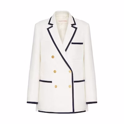 (Women) Valentino FW23 White Striped Trim Double-Breasted Casual Blazer. 3B3CEE607A66A1