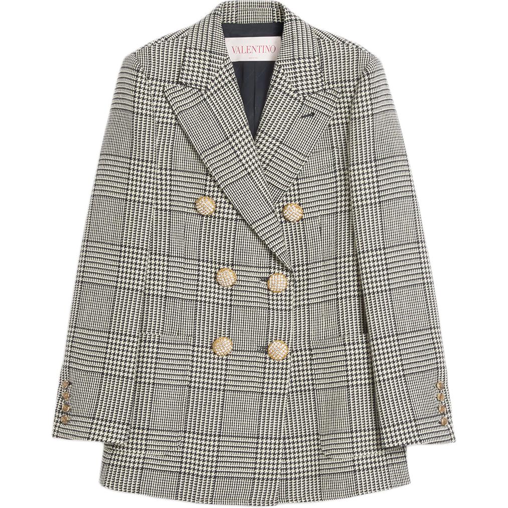 (Women) Valentino FW24  Houndstooth Double-Breasted Long Sleeve Blazer Black/White 6B3CE40090U0AN