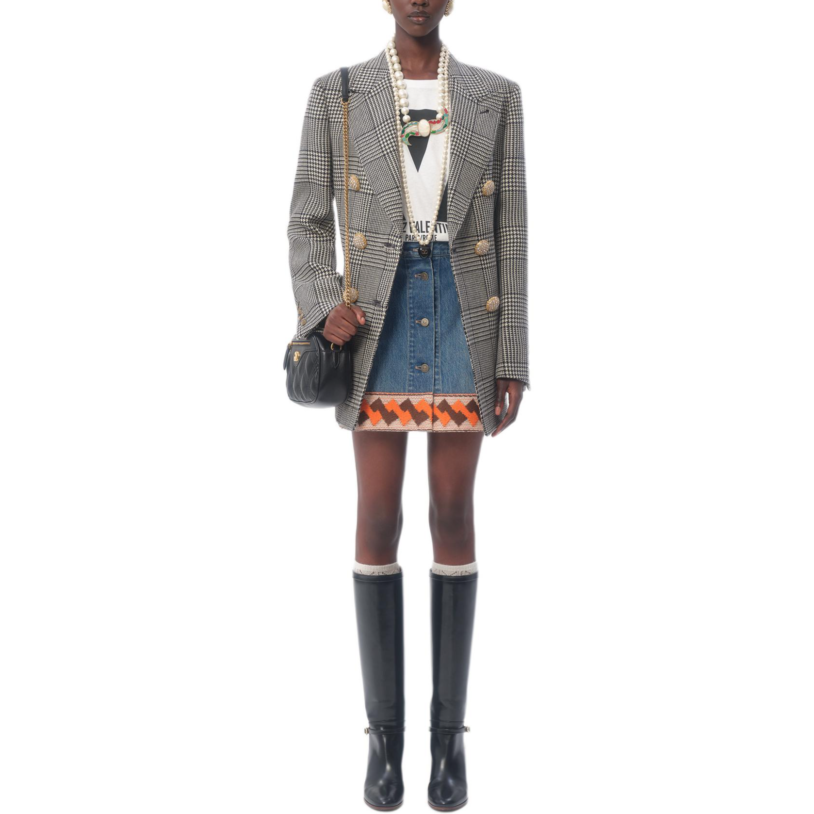 Lookbook (W) Valentino FW24 Blazer Hitam/Putih Houndstooth Lengan Panjang Double-Breasted 6B3CE40090U0AN