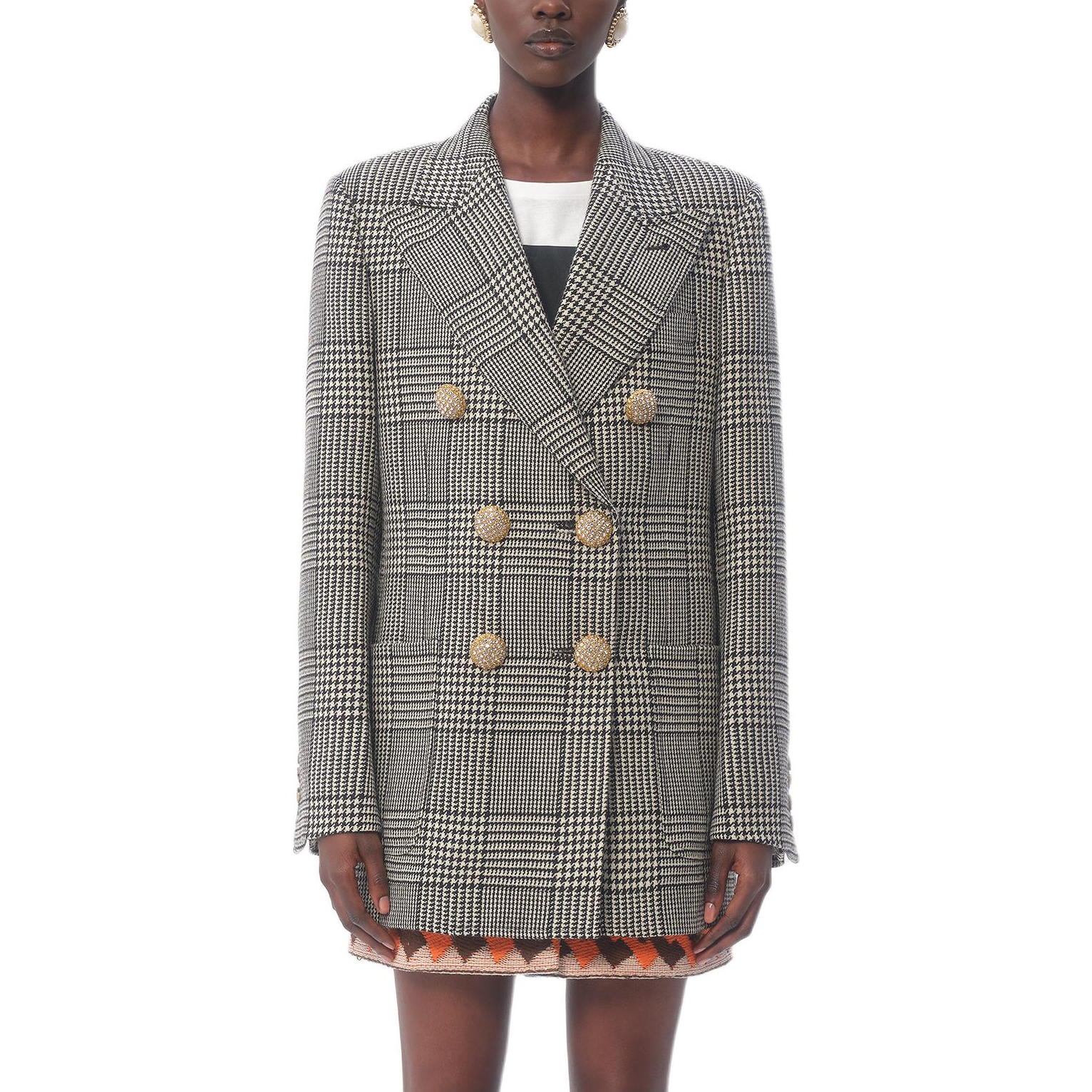 Shop (W) Valentino FW24 Blazer Hitam/Putih Houndstooth Lengan Panjang Double-Breasted 6B3CE40090U0AN