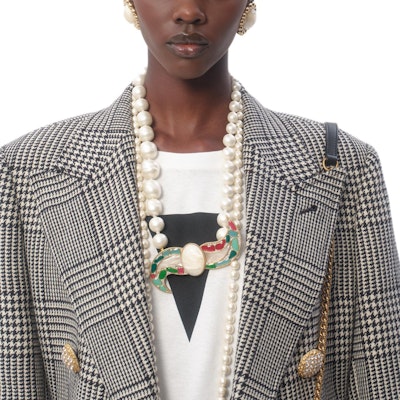 (W) Valentino FW24 Blazer Hitam/Putih Houndstooth Lengan Panjang Double-Breasted 6B3CE40090U0AN 1