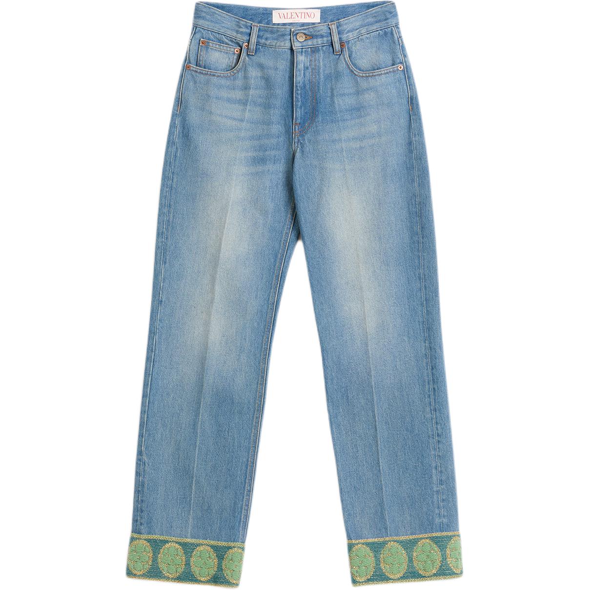 (Women) Valentino FW24  Straight-Leg Denim Jeans with Jacquard Trim in Blue. 6B3DD18X94V558