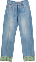 (Women) Valentino FW24 Straight-Leg Denim Jeans with Jacquard Trim in Blue. 6B3DD18X94V558 (Women) Valentino FW24 Straight-Leg Denim Jeans with Jacquard Trim in Blue. 6B3DD18X94V558