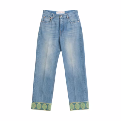 (Women) Valentino FW24 Straight-Leg Denim Jeans with Jacquard Trim in Blue. 6B3DD18X94V558